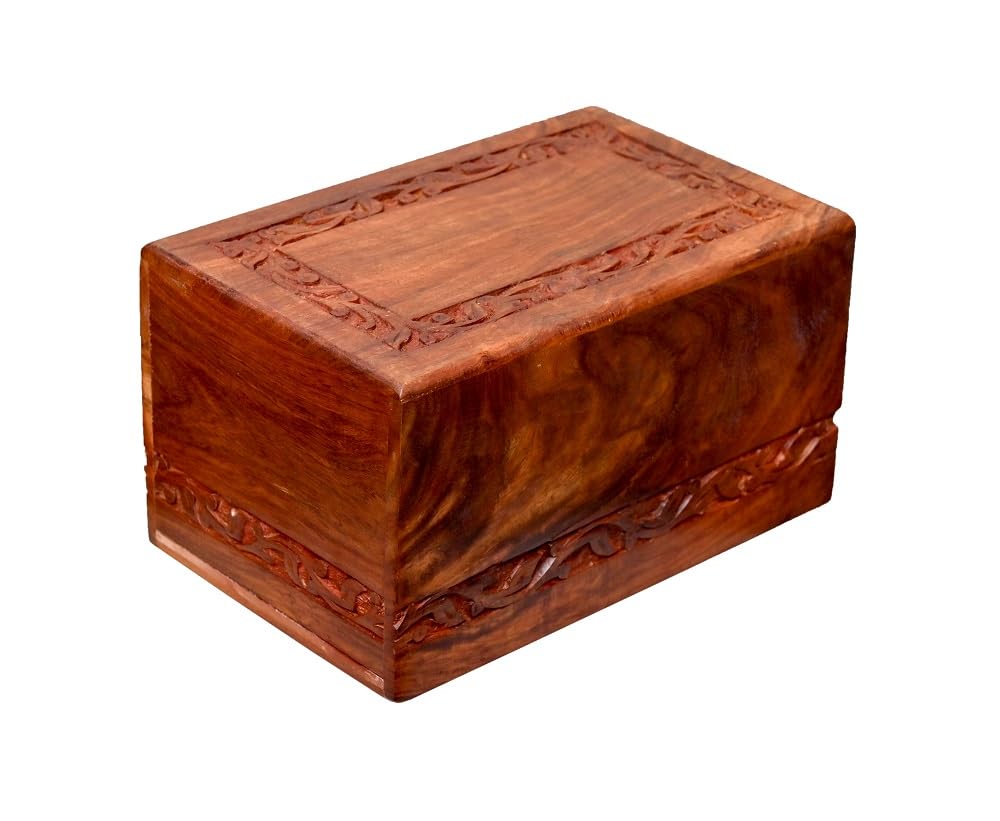 LEATHEROOZEKeepskae cremenation Box Urn with Muslin Cloth Solid Wooden Urn for Adult Human Ash Cremation Funeral Handcrafted Wood Urn Decorative Urn Large Urn Interior (Brown, Medium, Side Border)