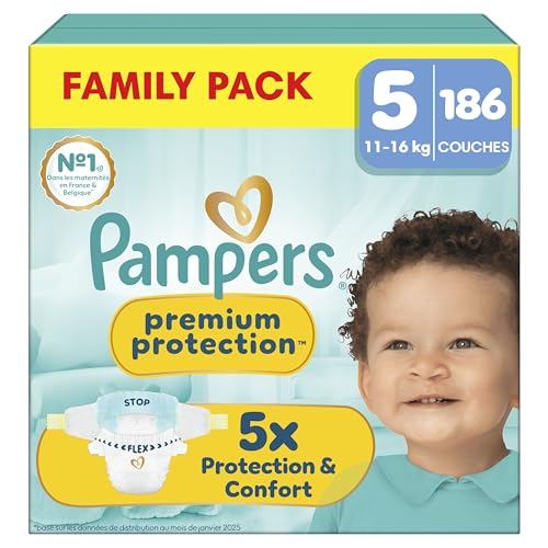 Pampers Premium Protection Taille 5, 186 Couches, 11kg-16kg, Notre N°1 Pour La Protection De La Peau Et Contre Les Fuites