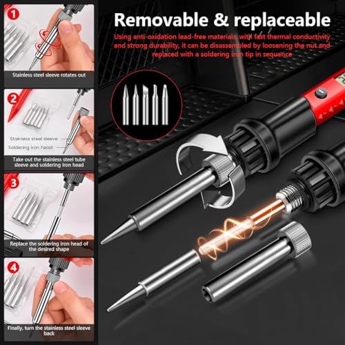 Image of Serplex 60W Soldering Iron Kit with LCD Digital Display, 180-520C Adjustable Temperature Welding Tools Set with 5 Replaceable Tips, Tweezers, Cleaning Sponge, On /Off Switch, for Electronic Repair