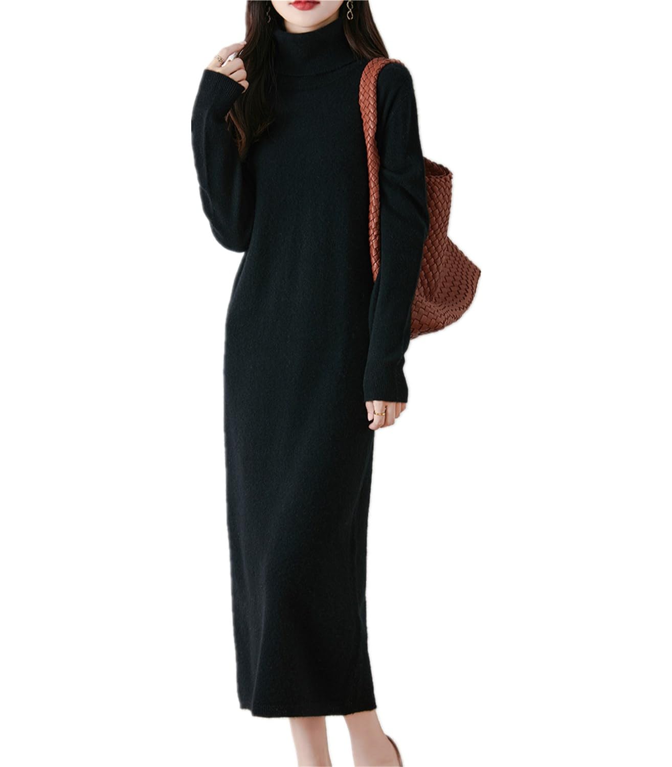 Ailaile Long Sweater Women's Dress Knitted Turtleneck Long Sleeve 100% Merino Wool Pullover Winter Warm Tops