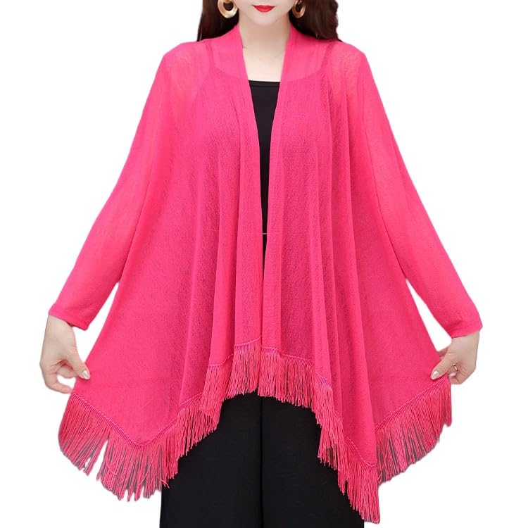 Bolero Mujer,Cárdigan con Abertura Frontal Drapeado En Cascada para Mujer, Elegante Bolero con Borlas, Manga Larga, Vestido para Cubrirse, Blusa Elegante Informal, Blusa Holgada y Ligera, Color Roj