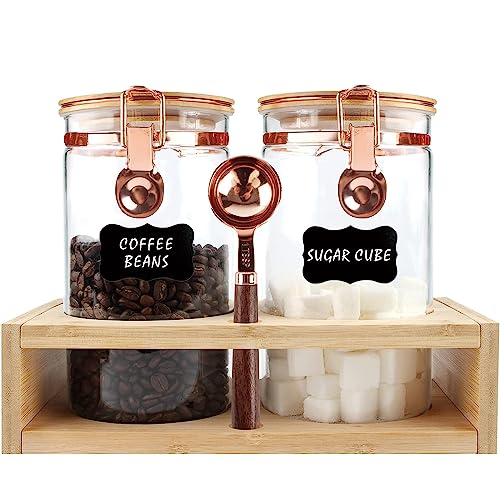 Ymeyme Copper Glass Coffee Canisters Set - 2pcs Airtight Coffee Containers with Bamboo Lid 2x41oz Coffee Storage Jars with Scoop to Store Coffee Beans Sugar Cube Ground Coffee Loose Tea Nuts