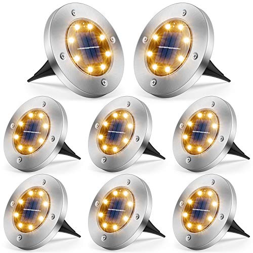 Solar Lights Outdoor, 8 LED Solar Ground Lights Waterproof Solar Garden Lights Disk Lights for Pathway, Yard, Deck, Patio, Walkway, Cold White, 8 Pack