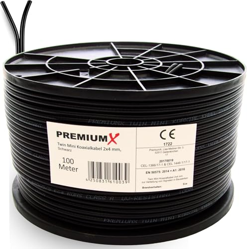 Premium X Câble coaxial satellite Twin Mini 100 m - 2 x 4 mm - Noir - Extra fin et double blindage - Câble d'antenne TV peu encombrant pour SAT | DVB-T | Récepteur Twin – Ultra HD 4K 3D