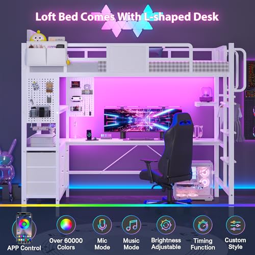 Image of Dnxao Loft Bed Twin Size with L-Shaped Desk, Heavy-Duty Metal Twin Loft Bed with 5 Storage Drawers, LED Lights & Charging Station, Reinforced Stable Structure for Small Room Dorm Apartment, White