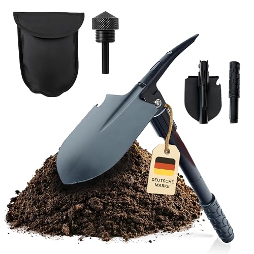 NovaTerra Multifunktionaler Klappspaten (7-in-1) Survival Schaufel aus Gehärtetem Stahl – Kompaktes Camping & Outdoor Werkzeug mit Hacke, Säge, Feuerstein, Flaschenöffner, Glasbrecher