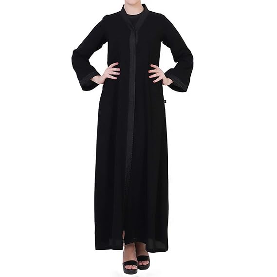 Mushkiya Beautiful & Stylish Front Open Abaya In Arabian Fit With lacework Comes With A Complementary Hijab For Women & Girls (ABH-001-Black-Blk)