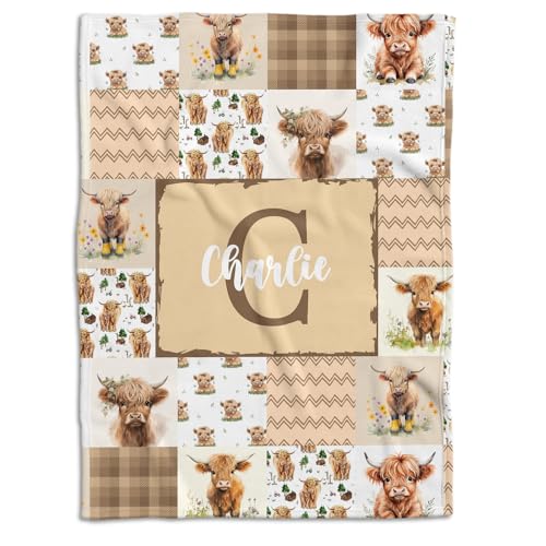Locobird Highland Cow Baby Blanket - Personalized With Name or Initial for Girls and Boys, Custom Baby Stuff (Brown)