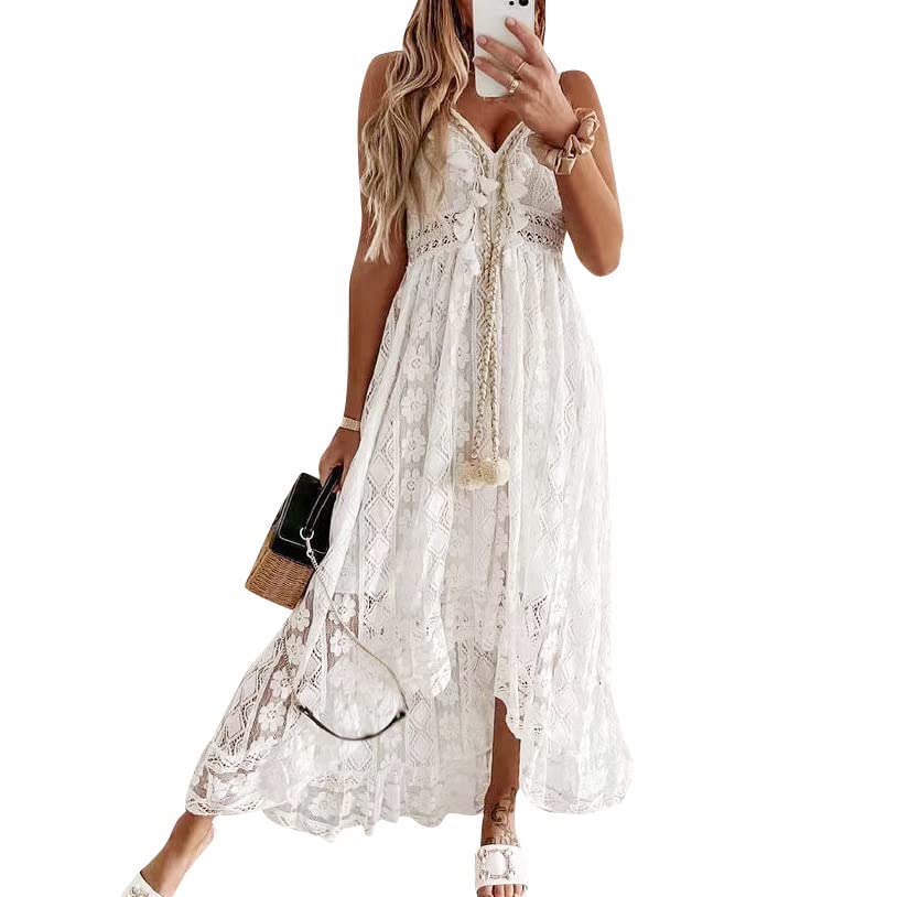 Image of ABOCIW Women's Boho Maxi Dress Lace Up Tassel V-Neck Flare Ruffle Fringed Beach Summer Dresses
