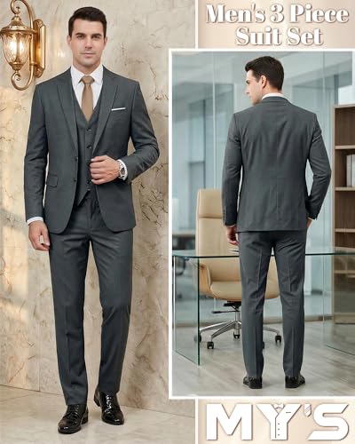 Image of MY'S Men's 3 Piece Suit Notch Lapel 2 Button Blazer Slim Fit Dress Business Party Jacket Vest Pants & Tie Set