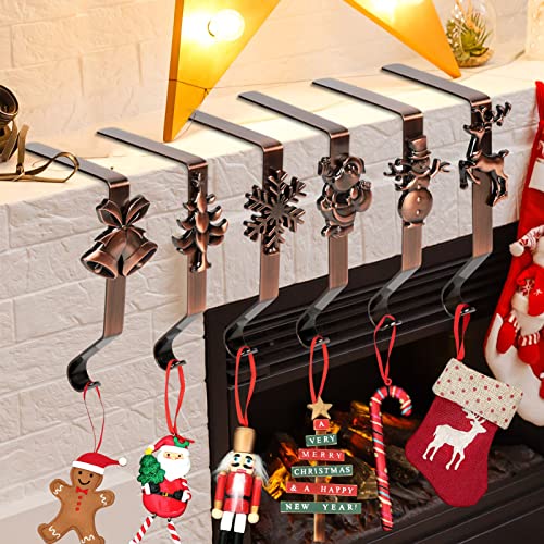 6 Pcs Christmas Stocking Holders For Mantel, Non-Slip Stocking Hangers Christmas Decor Include Snowflake/Snowman/ Bell/Xmas Tree/Santa/Elk For Christmas Fireplace Floor Shelf Decorations (Red Bronze) #TOP1