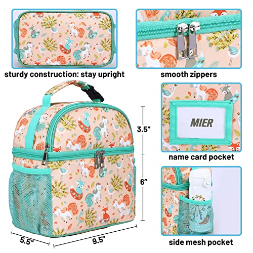 Mier Kids Lunch Bag For Boys Girls Insulated Toddlers Lunch Box Bags Kid Lunch Cooler Tote For School Picnic Travel Outdoor, Dual Compartments, Orange/Green-Unicorn/Fox #TOP4