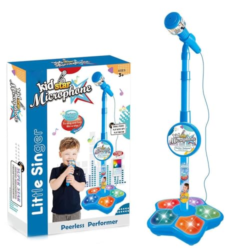 Kids Microphone and Stand, Karaoke Machine Kids, with Adjustable Height & Flashing Stage Lights, Portable Microphone Karaoke Playset, Christmas Party Fun Sing Musical Toy for Girls and Boys (Blue)