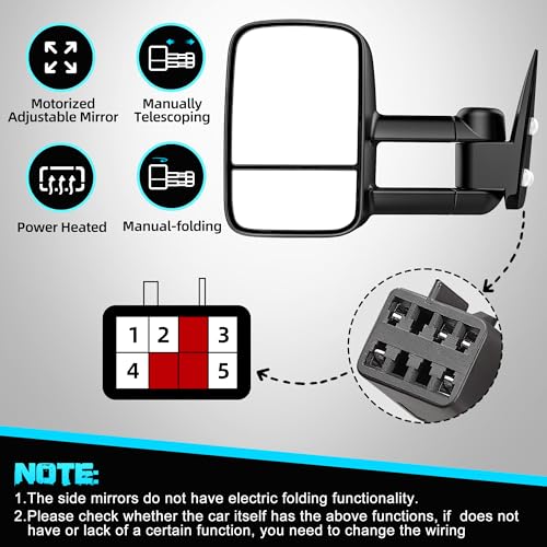 Image of Heated Tow Mirrors Compatible with 1999-2002 Chevy Silverado & GMC Sierra 1500 2500 3500 HD, Tahoe Suburban Avalanche Yukon Denali, Folding Extended Trailer Towing Side Mirrors