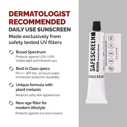 Image of CHOSEN Safescreen Nexgen SPF 60 PA++++ Sunscreen for Face | Broad Spectrum UV Blue Light IR Protection | No White Cast Hydrating Formula | Water Resistant | For Dry Sensitive Skin 40ml