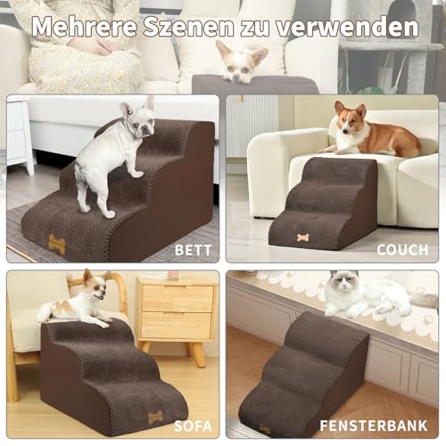 Nepfaivy Hundetreppe für Kleine Hunde 3-Stufig, Haustiertreppe für Bett und Sofa aus Hochdichtem Schwamm, Hunde Treppe Hunderampe mit Abnehmbarem, Waschbarem Bezug und Rutschfestem Boden, 60x40x40cm