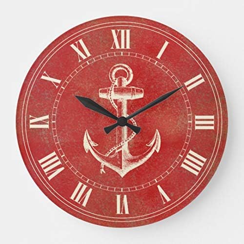 Red Anchor Nautical Wall Clocks Large Decorative Wooden Quartz Silent Clock 16 Inches Home Clock Gifts for Women
