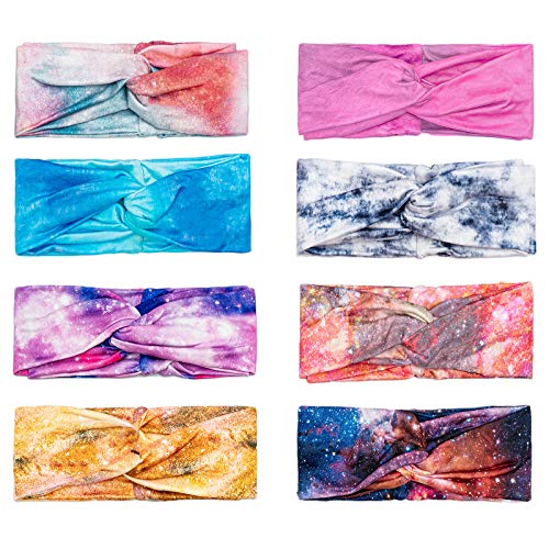 Tie Dye Headbands for Women, Funtopia 8 Pcs Head Bands No Slip Fashion Workout Headbands, Starry Sky Elastic Hairbands Cross Head Wraps for Yoga Running