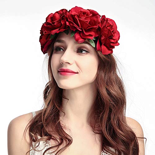 Rose Flower Crown Wedding Festival Headband Hair Garland Wedding Headpiece Floral Headband Hair Wreaths for Hawaiian Holiday Party Halloween Christmas Headpiece for Women,Girls (Rose Red)