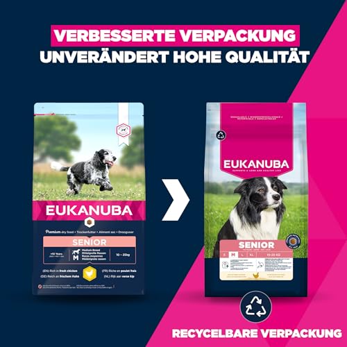 Eukanuba Hundefutter mit frischem Huhn für mittelgroße Rassen, Premium Trockenfutter für Senior Hunde, 15 kg
