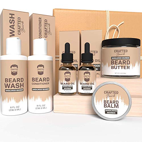 Beard Care Kit - Crafted Beards Ultimate Beard Grooming Bundle - Sandalwood Bourbon - Beard Wash - Beard Conditioner - 2 Beard Oils - Beard Butter - Beard Balm - Best Gift for Men