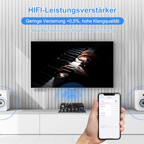 Receptor de amplificador estéreo HiFi para altavoces domésticos, AK-390 Bluetooth 5.0 Mini Audio Amp 2.0 Canales RMS 40 W X 2 Audio Component Amplificador con adaptador de 12 V/5 A, radio FM, (BT, USB - imagen 3