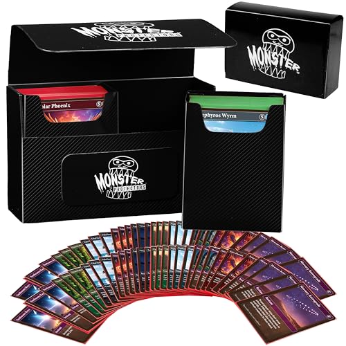 Monster Protectors Double Deck Box- Magnetic Locking Dual Trading Card Game Storage Case w Removable Compartments- Holds 150 cards- Fits all Standard and Smaller Size MTG and TCGs - Black