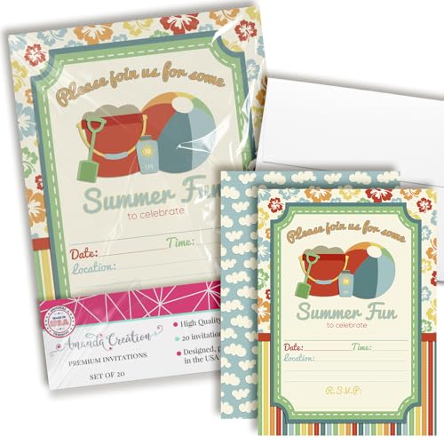 Beach Summer Fun Birthday Party Fill in Invitations set of 20 with envelopes by AmandaCreation