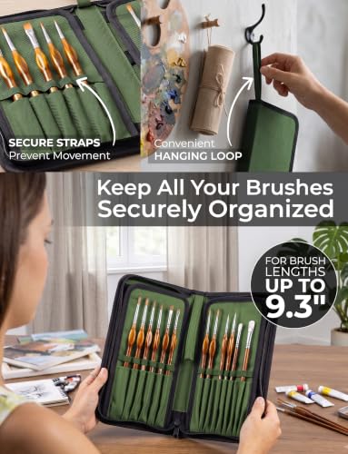 Image of DUGATO Short Brush Holder & Organizer, Canvas Case 5.4 x 10.7 in, Green | 15 Slots Zipper Paint Brush Case for Brushes up to 9.3 in Length, Artist Portable Carry Bag, Watercolor (Brush Not Included)