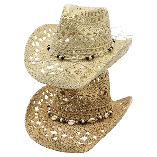 Chapeau de cowboy en paille style ouest avec perles et cordon de serrage - 3