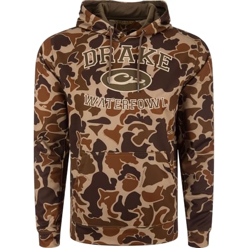 DRAKE WATERFOWL Men's Performance DW0237 Hunting Casual Camo Anti-Pilling Stretching Hoodie w/Kangaroo Pocket & Lined Hood, Old School, Large