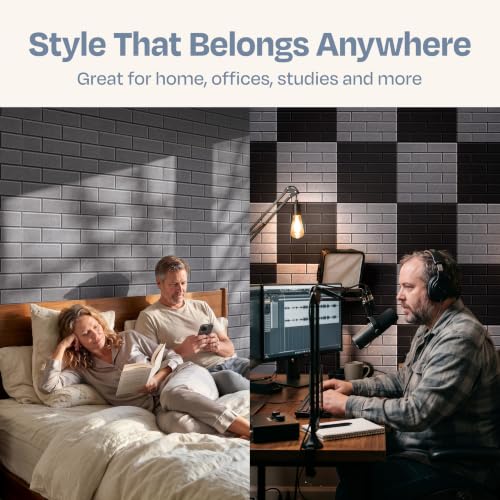 Image of Acoustic Wall Panels 18-Pack, 12 inchx12 inchx0.4 inch Decorative Self-Adhesive Sound Proofing | High Density 3D Brick Soundproof Absorbing Tiles for Walls, Home, Office & Studio - Pebble Gray