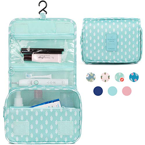 Hanging Travel Toiletry Bag Cosmetic Make up Organizer for Women and Girls Waterproof (Green Leaf)