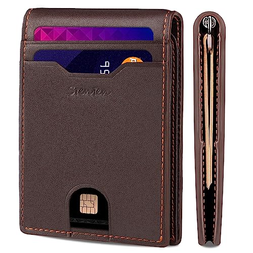 Wallet for Men Slim Minimalist Genuine Leather With Money Clip RFID Blocking Brown