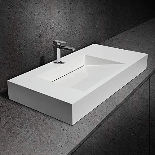 Weibath Modern WallHung Stone Resin Rectangle Bathroom Ramped Sink Wall Mount Sinks (Glossy