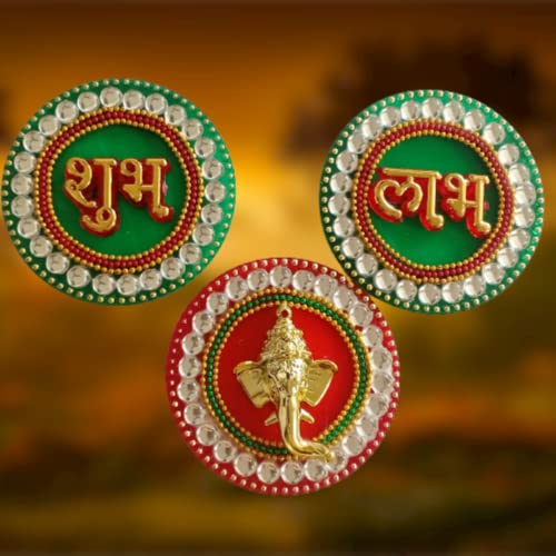 Image of P.A.Decorative Shubh-Labh-Ganesha Main Entrance Hanging Acrylic Stickers for Main Door /Wall Decoration[3piece],Golden