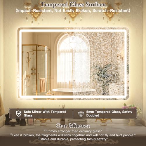 Image of 55 inch x 36 inch Led Bathroom Mirror with Lights, Anti-Fog & Tri-Color Lighting - Wall Mounted Shaving Mirror with Touch Sensor, Waterproof & Smart LED Vanity Mirror,Tempered Glass, Dimmable Smart Mirror