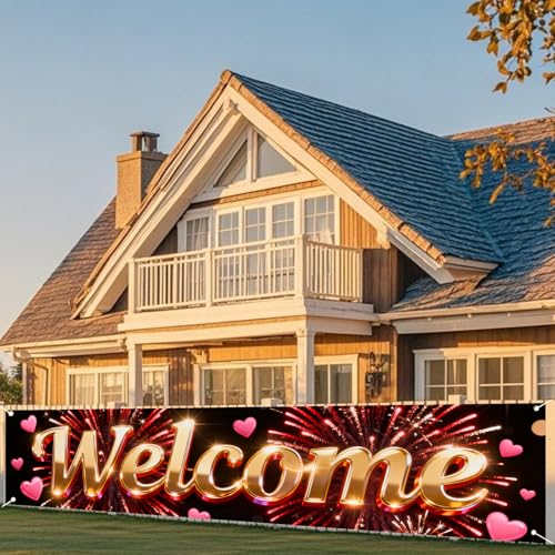 Image of Nuxovilar Welcome Home Banner Golden Red Firework 17.7x78.7 Polyester | Welcome poster photo backdrop reunion decoration banner hanging porch entryway parlor (Red Firework)