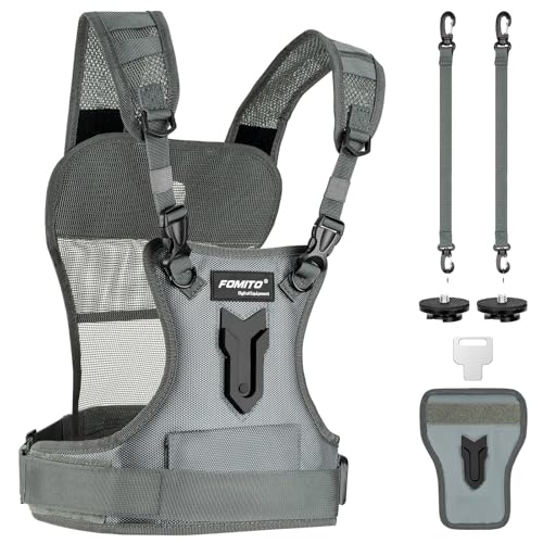 FOMITO Sistema de arnés de pecho para cámara, chaleco de transporte multicámara con funda lateral, gris, compatible con Canon, Nikon, Sony, Panasonic, Olympus, DSLR
