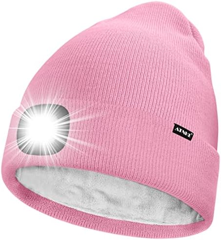ATNKE LED Lighted Beanie Hat,USB Rechargeable 4 LED Running Headlamp Ultra Bright Cap with Light Hands Free Head Torch Winter Warm Lined Fleece Knit Beany Gifts for Men and Women