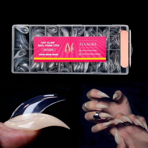 ELSAGIRL 320Pcs Cat Claw Dual Forms for Poly Gel 16 Sizes Short Curved Stiletto Nail Molds for Extension 3D Eagle Hawk Curve Sculptural Acrylic Nail Forms