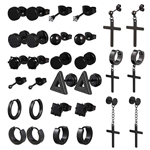 Heyu-Lotus 15 Paare Edelstahl Ohrringe Herren Kreuz Ohrstecker Set, Schwarze Creolen Ohrstecker für Damen, Baumelnde Ohrringe Tunnel Hoop Ohrringe Cover