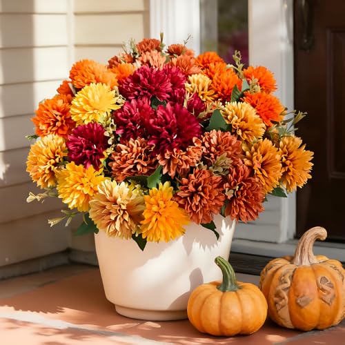 Cherica 10Pcs Fake Flowers Artificial Mums for Outdoors UV Resistant Faux Mums for Outdoor Planters Realistic Chrysanthemums No Fade Fall Flowers for Front Door Garden Patio Yard Autumn Decor
