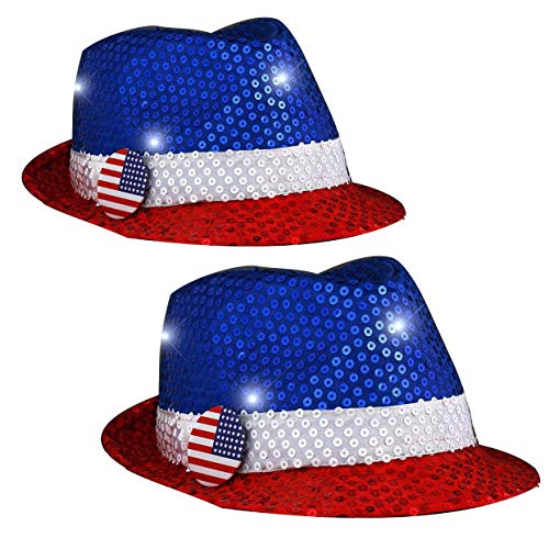 blinkee Two Pack Star-Spangled Sparkle USA Flashing Fedora Hat with Red White and Blue Sequins