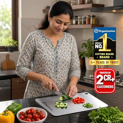 Image of OrganizeMee Chopping Board Stainless Steel Metal Cutting Kitchen,Heavy Duty Choping-Board Vegetable, Meats vegitable Chopper Boards,Safe Durable with Anti-Skid Silicon Pad (New Medium)(31.8CM X 21CM)