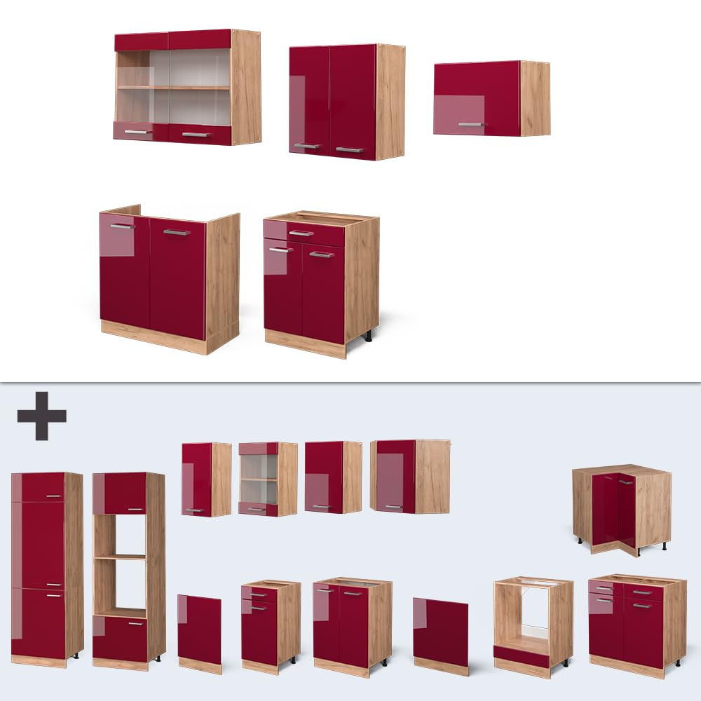Vicco Cucina componibile R-Line, Rosso lucido/rovere dorato, 200 cm, PL Rovere, adatto per l'espansione personalizzata tramite moduli aggiuntivi