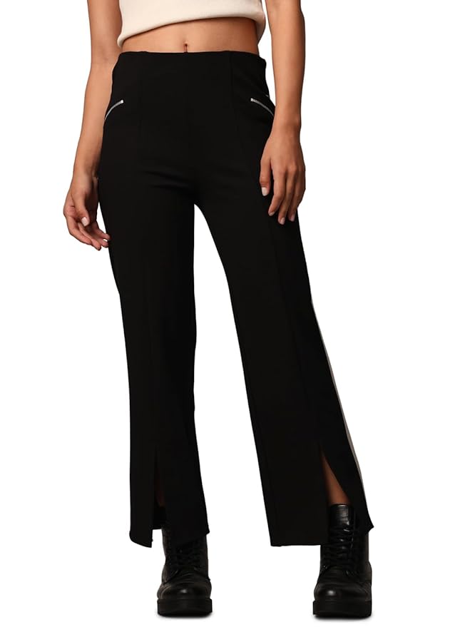 ONLY Women's High Rise Straight Fit Jersey Trousers with Bottom Slit