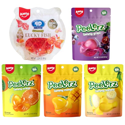 AMOS Gummy Candy Variety Pack – 5 Count Bundle with Peelable Fruit Gummies (Mango, Orange, Banana, Grape) and 4D Gummy Fish