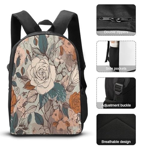 Retro Flower Pattern 3pcs Lightweight Travel Backpack Printed Backpack With Lunch Pack Storage Box Case3