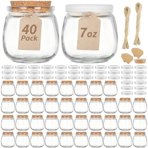 Absovetu Lot de 40 petits bocaux en verre avec couvercles et étiquettes, 200 ml, pour bougies, confitures, avoine, épices, pour mariages, Noël, cadeaux...